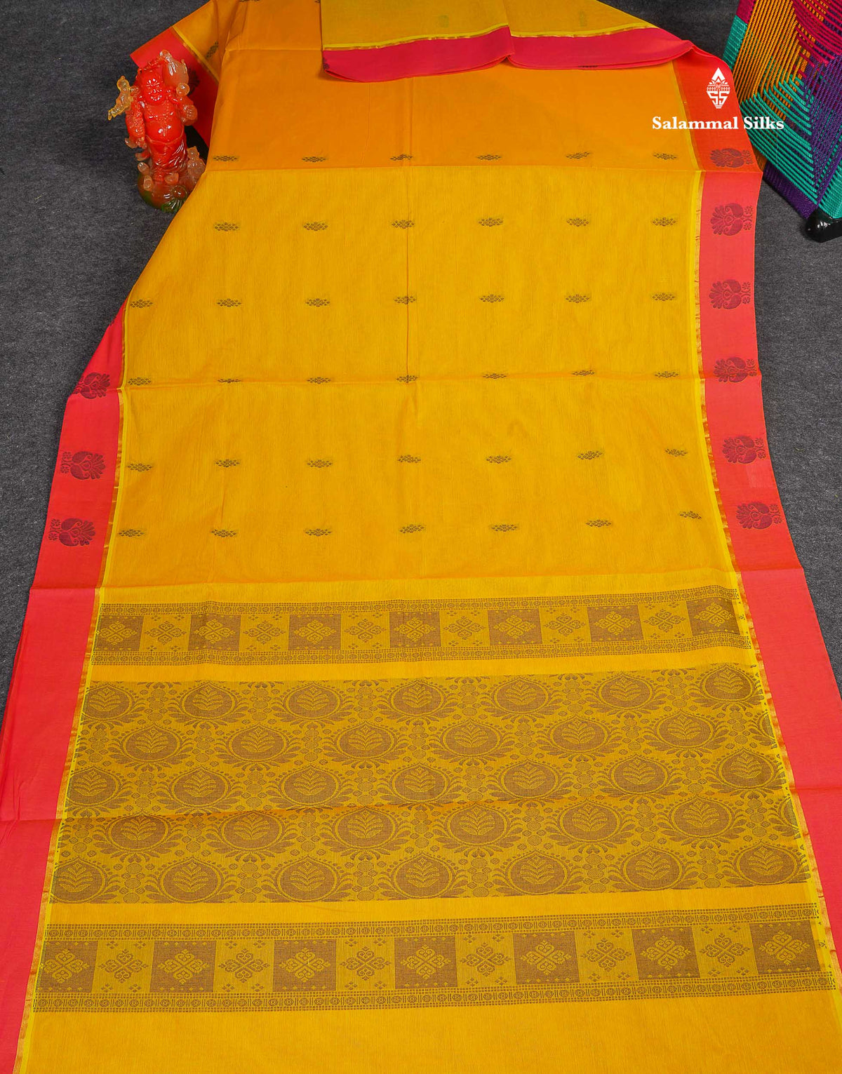 Pure Cotton Saree - Mustard Yellow Colour Body Thread Butta With Contrast Pink Border