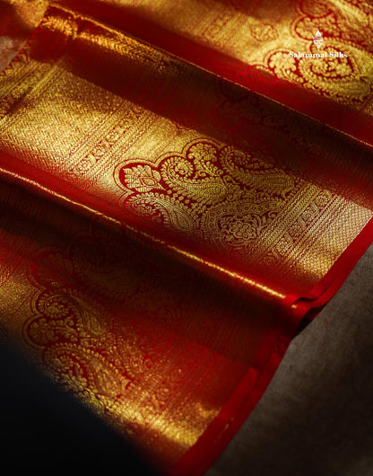 Beautiful Tomato Red Tissue Bridal Pure Kanjivaram Silk Saree With Contrast Chilly Red Traditional Evening Morning Border