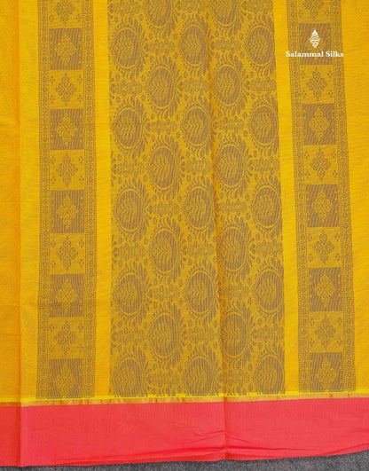 Pure Cotton Saree - Mustard Yellow Colour Body Thread Butta With Contrast Pink Border