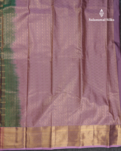 Beautiful Dual Tone Green Checks With Butta Semi Silk Saree With Contrast Lavender Traditional Evening Morning Border