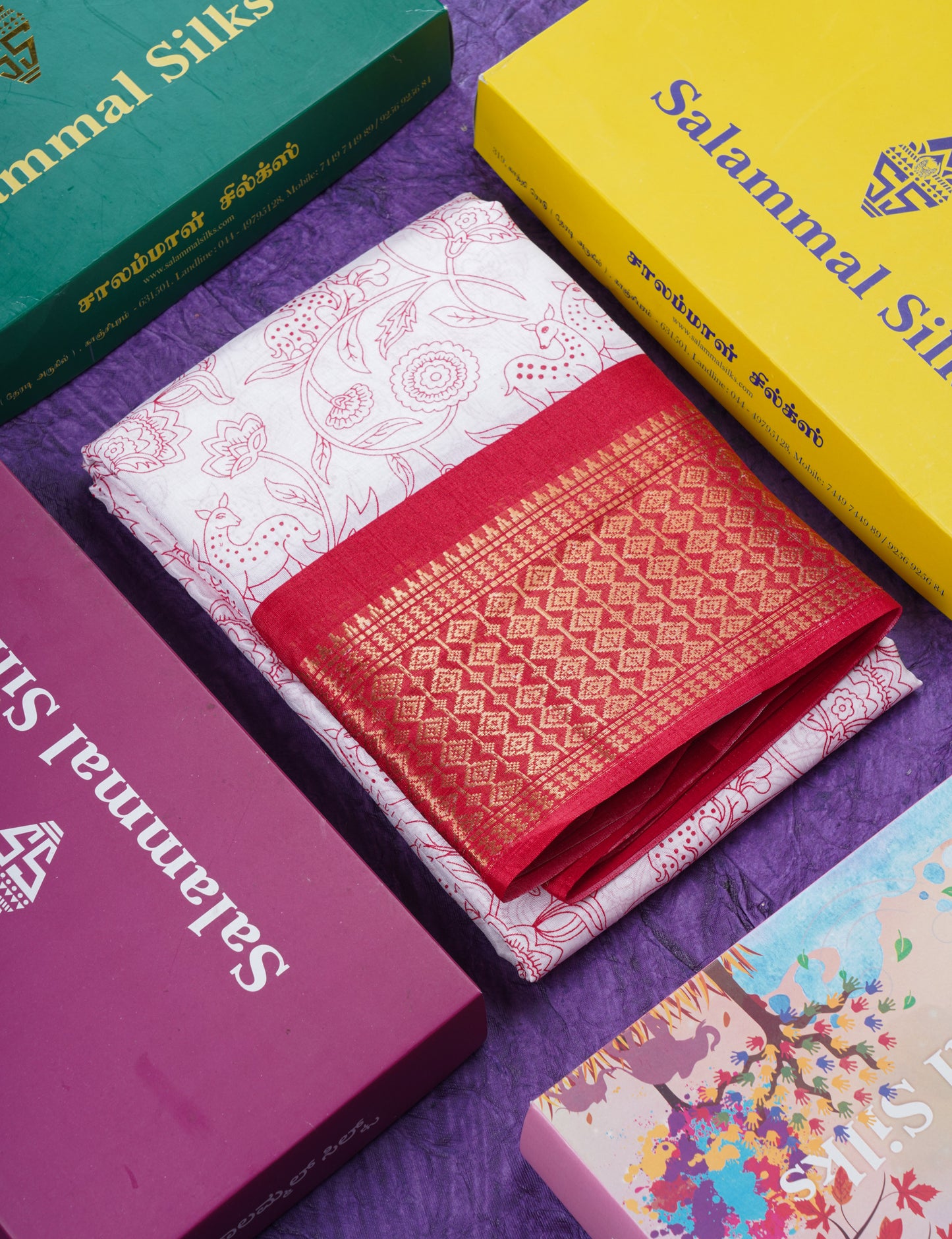 Beautiful White Printed Mahu Silk Fancy Saree With Contrast Chilly Red Border