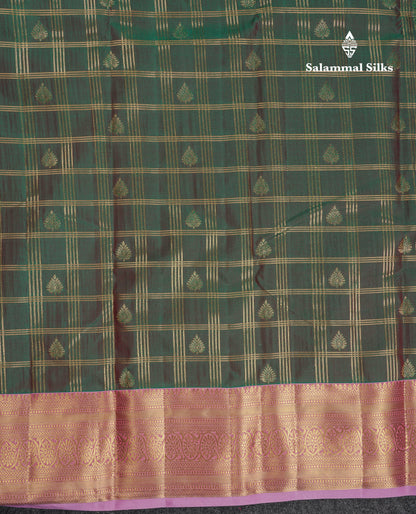 Beautiful Dual Tone Green Checks With Butta Semi Silk Saree With Contrast Lavender Traditional Evening Morning Border