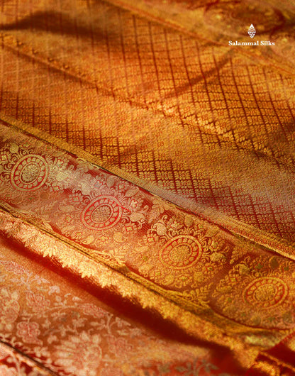 Beautiful Tomato Red Tissue Bridal Pure Kanjivaram Silk Saree With Contrast Chilly Red Traditional Evening Morning Border