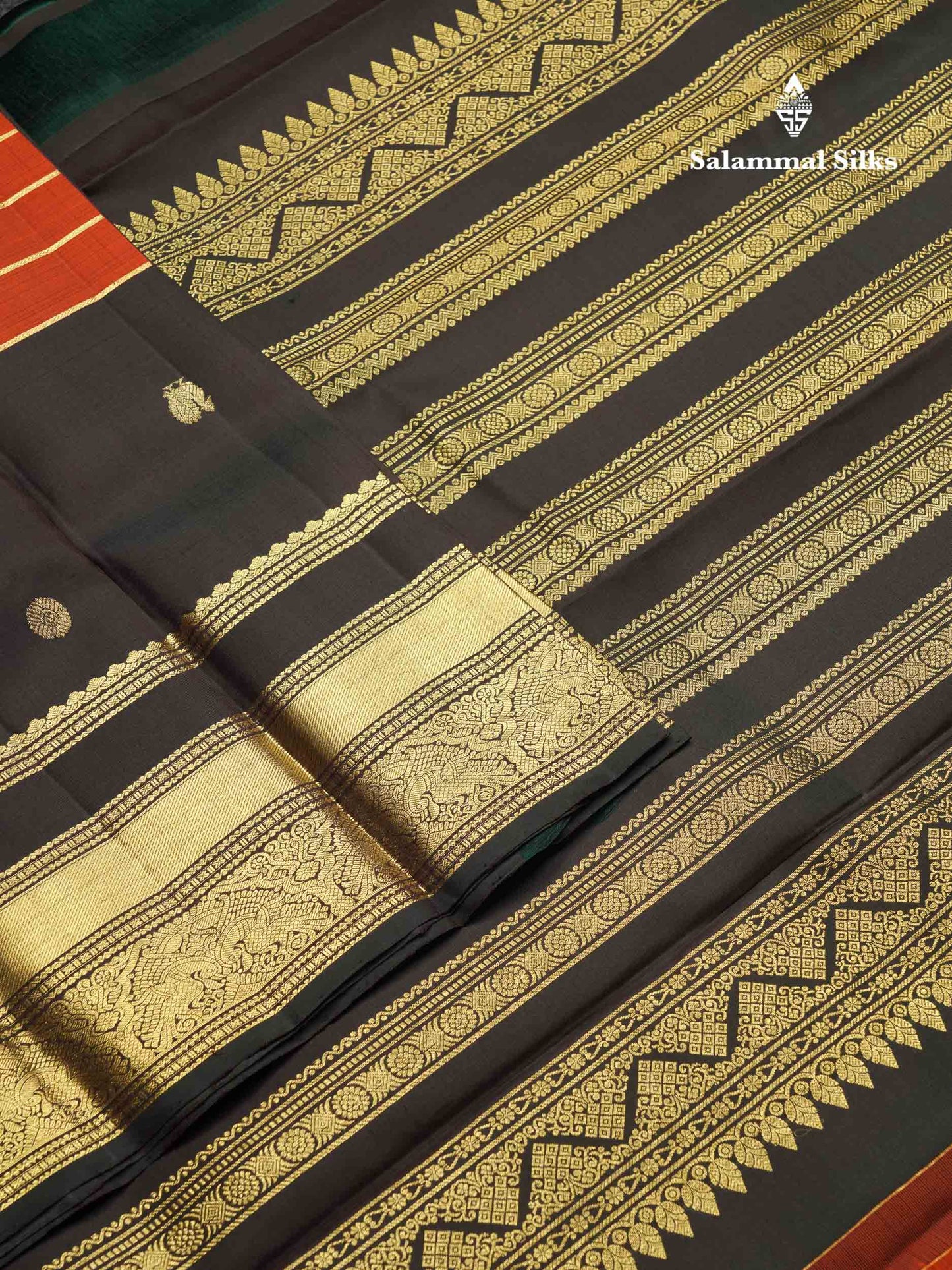 Beautiful Dual Tone Rust Orange Pure Kanjivaram Silk Saree With Contrast Dark Bottle Green Traditional Long Double Border
