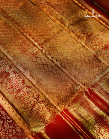 Beautiful Tomato Red Tissue Bridal Pure Kanjivaram Silk Saree With Contrast Chilly Red Traditional Evening Morning Border