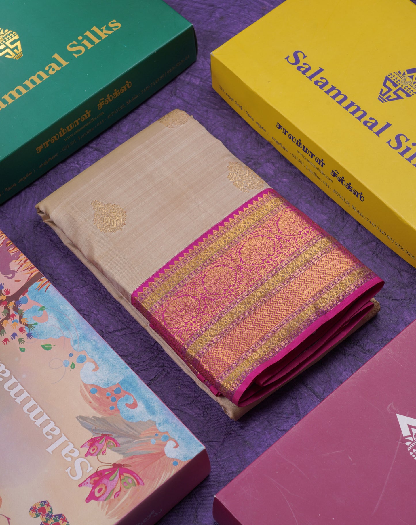 Beautiful Korvai Cream Sandal Pure Kanjivaram Silk Saree With Contrast Magenta Pink Traditional Evening Morning Border