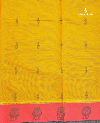 Pure Cotton Saree - Mustard Yellow Colour Body Thread Butta With Contrast Pink Border