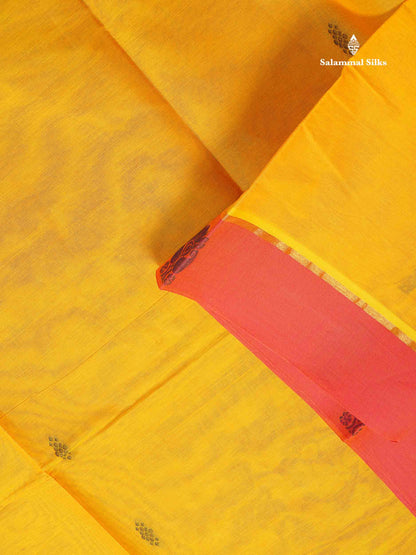 Pure Cotton Saree - Mustard Yellow Colour Body Thread Butta With Contrast Pink Border