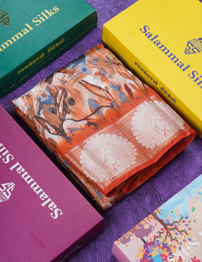 Beautiful Multicolour Mixed Cotton Saree With Contrast Orange Tissue Border