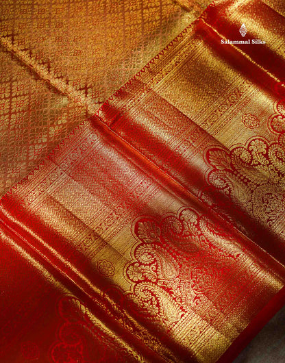 Beautiful Tomato Red Tissue Bridal Pure Kanjivaram Silk Saree With Contrast Chilly Red Traditional Evening Morning Border