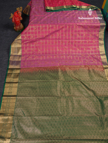 Beautiful Dual Tone Green Checks With Butta Semi Silk Saree With Contrast Lavender Traditional Evening Morning Border