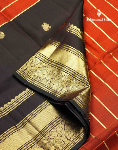 Beautiful Dual Tone Rust Orange Pure Kanjivaram Silk Saree With Contrast Dark Bottle Green Traditional Long Double Border