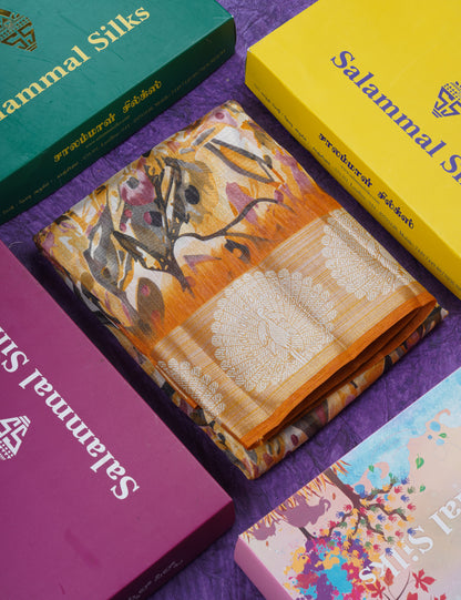 Beautiful Multicolour Mixed Cotton Saree With Contrast Orange Tissue Border