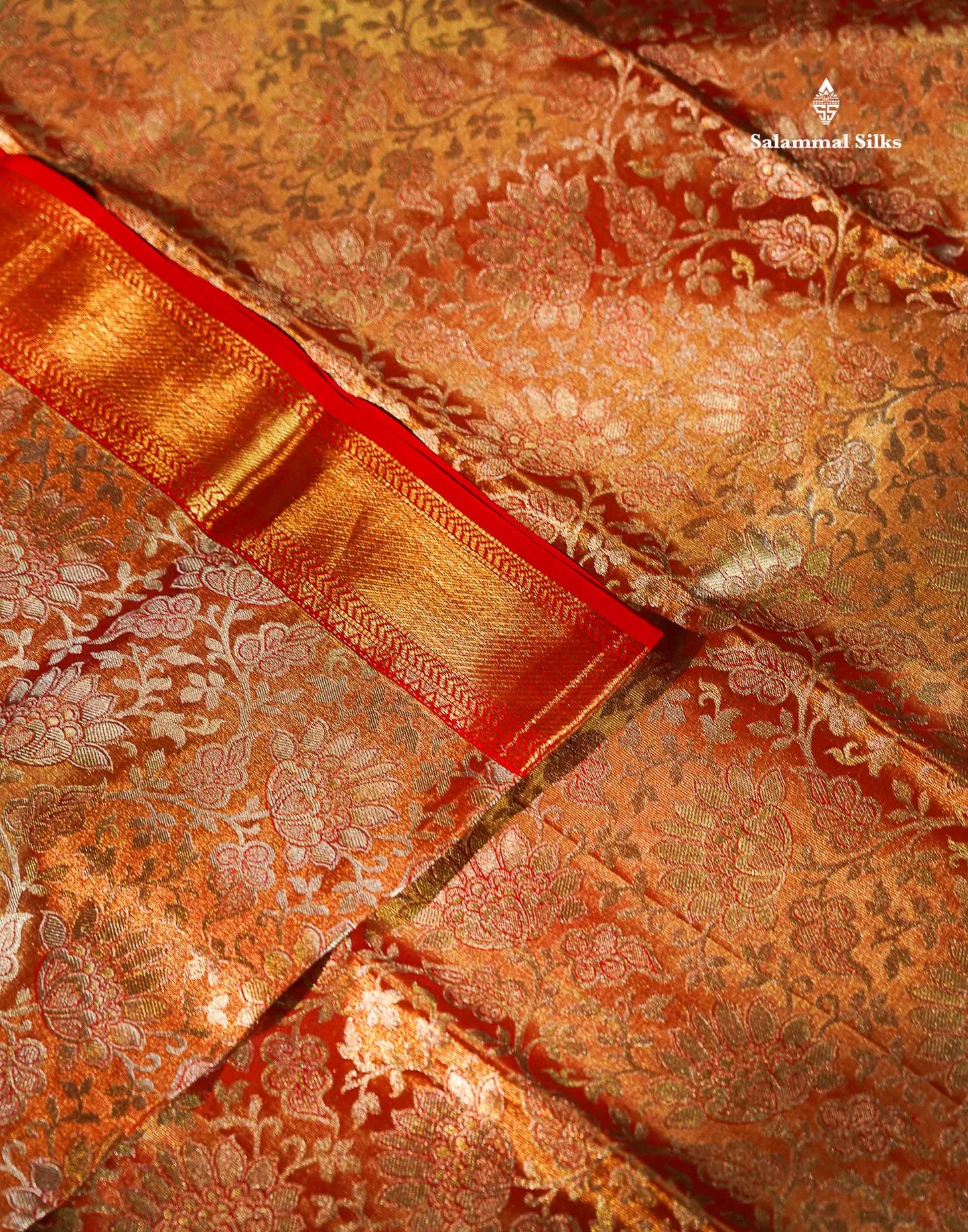 Beautiful Tomato Red Tissue Bridal Pure Kanjivaram Silk Saree With Contrast Chilly Red Traditional Evening Morning Border