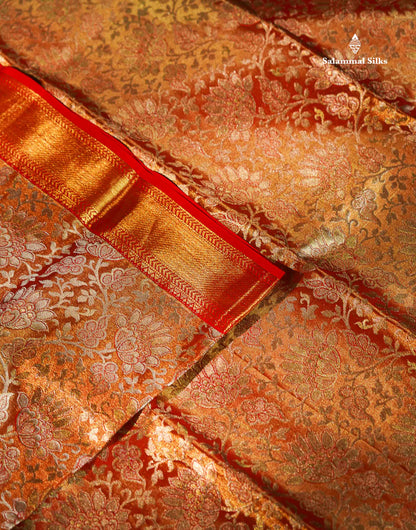 Beautiful Tomato Red Tissue Bridal Pure Kanjivaram Silk Saree With Contrast Chilly Red Traditional Evening Morning Border
