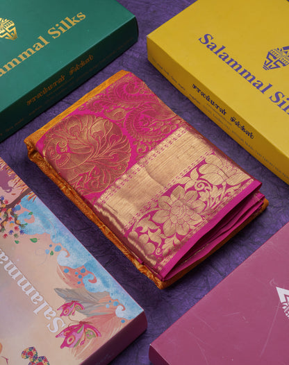 Beautiful Mustard Yellow Puremix Silk Saree With Contrast Pink Traditional Evening Morning Border