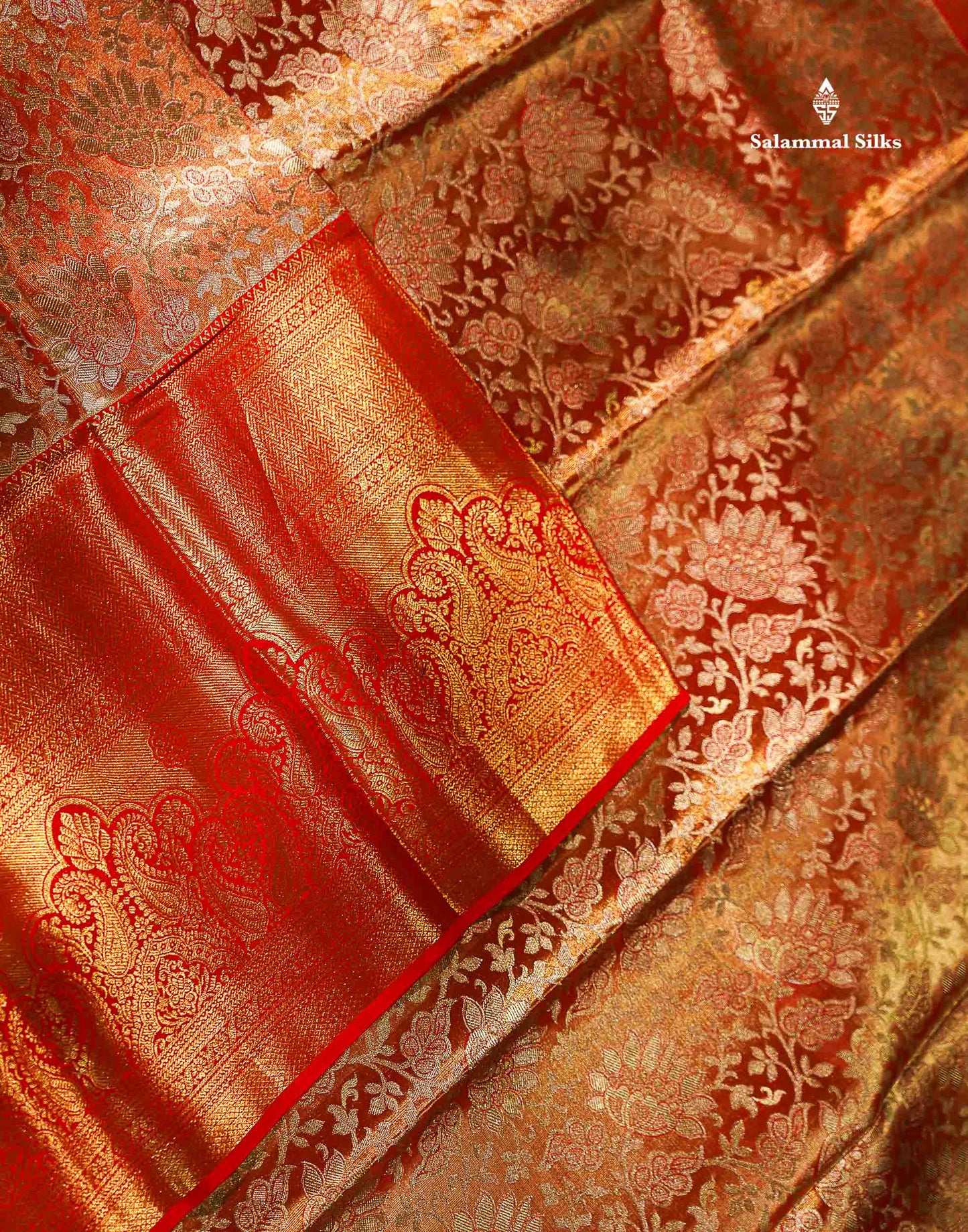 Beautiful Tomato Red Tissue Bridal Pure Kanjivaram Silk Saree With Contrast Chilly Red Traditional Evening Morning Border