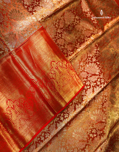 Beautiful Tomato Red Tissue Bridal Pure Kanjivaram Silk Saree With Contrast Chilly Red Traditional Evening Morning Border