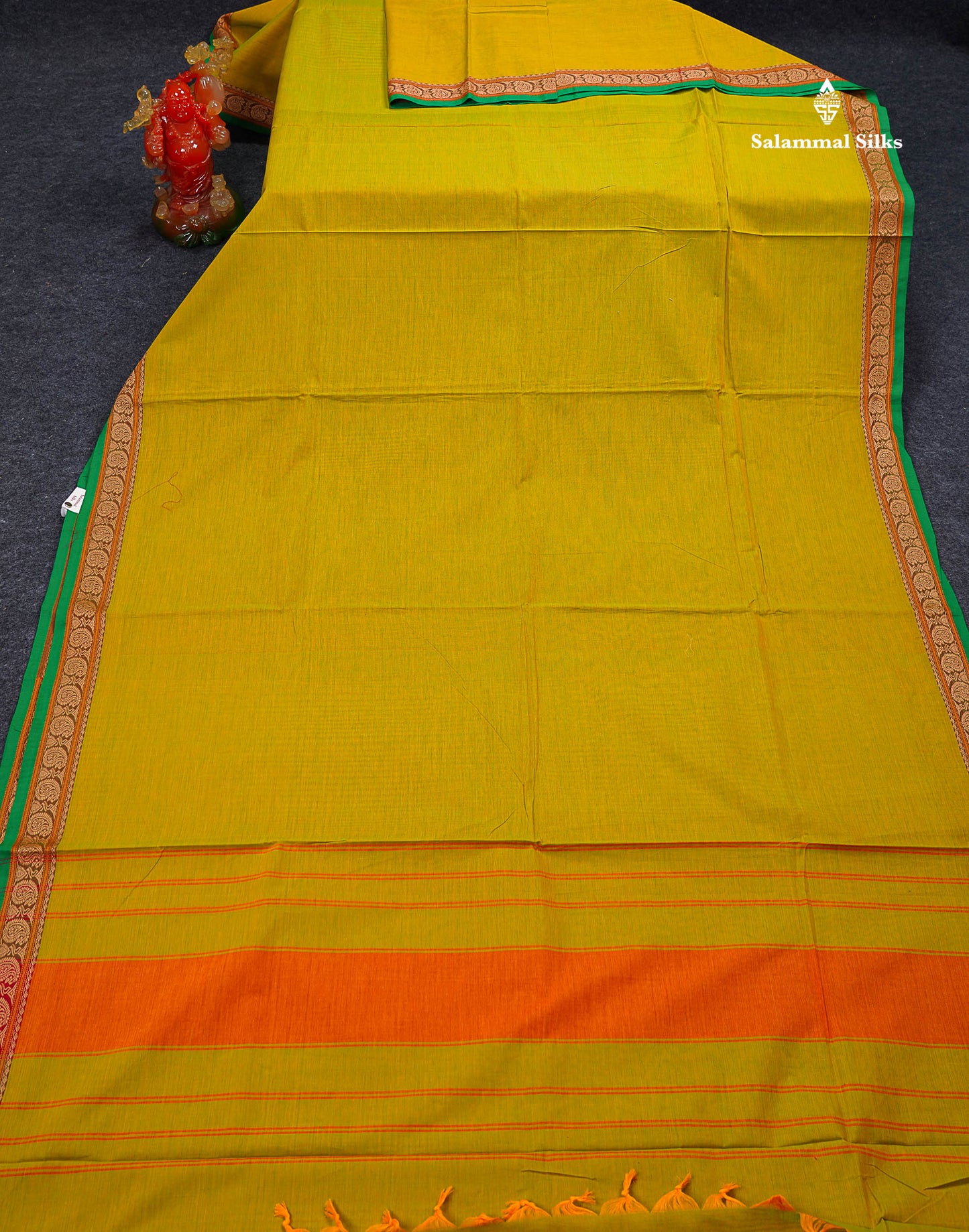 Beautiful Light Grey Plain Pure Cotton Saree With Contrast Mustard Yellow Thread Work Traditional Small Border
