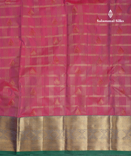 Beautiful Dual Tone Green Checks With Butta Semi Silk Saree With Contrast Lavender Traditional Evening Morning Border