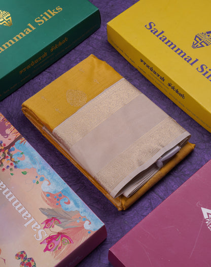 Beautiful Yellow Vaira Oosi With Butta Semi Silk Saree With Contrast Cream Sandal Traditional Rettapet Border