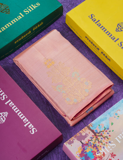 Beautiful Peach Fancy Vairaoosi Menakari Work Pure Kanjivaram Silk Saree with Contrast Pink Blouse