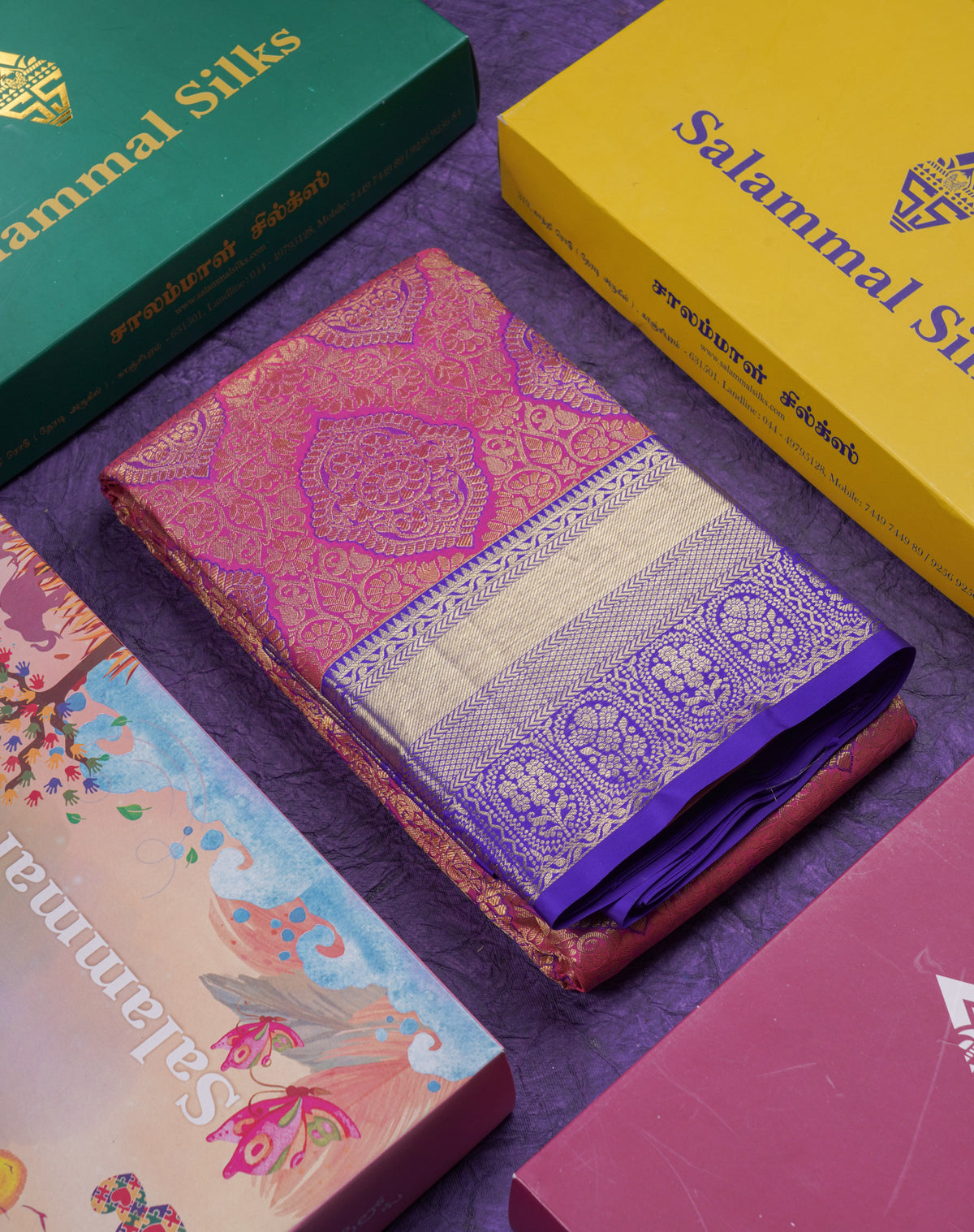 Beautiful Dual Tone Pinkish Orange Pure Kanjivaram Silk Saree With Contrast Violet Traditional Border