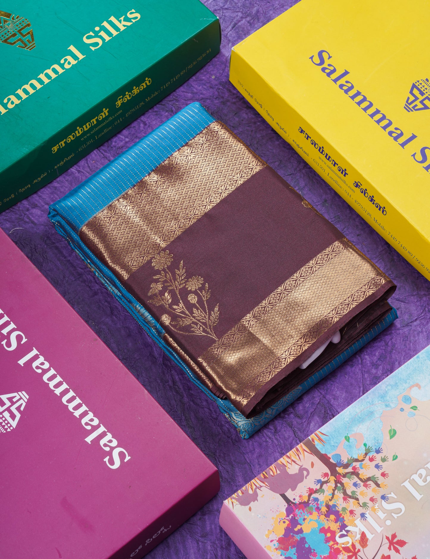 Elephant Grey Semi Silk Saree With Contrast Dark Purple Evening Morning Border