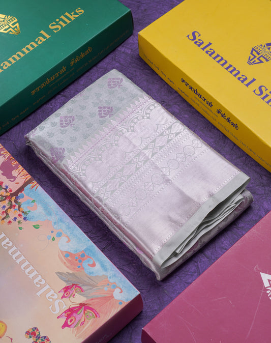 Beautiful Silver Semi Soft Silk Saree With Traditional Evening Morning Border