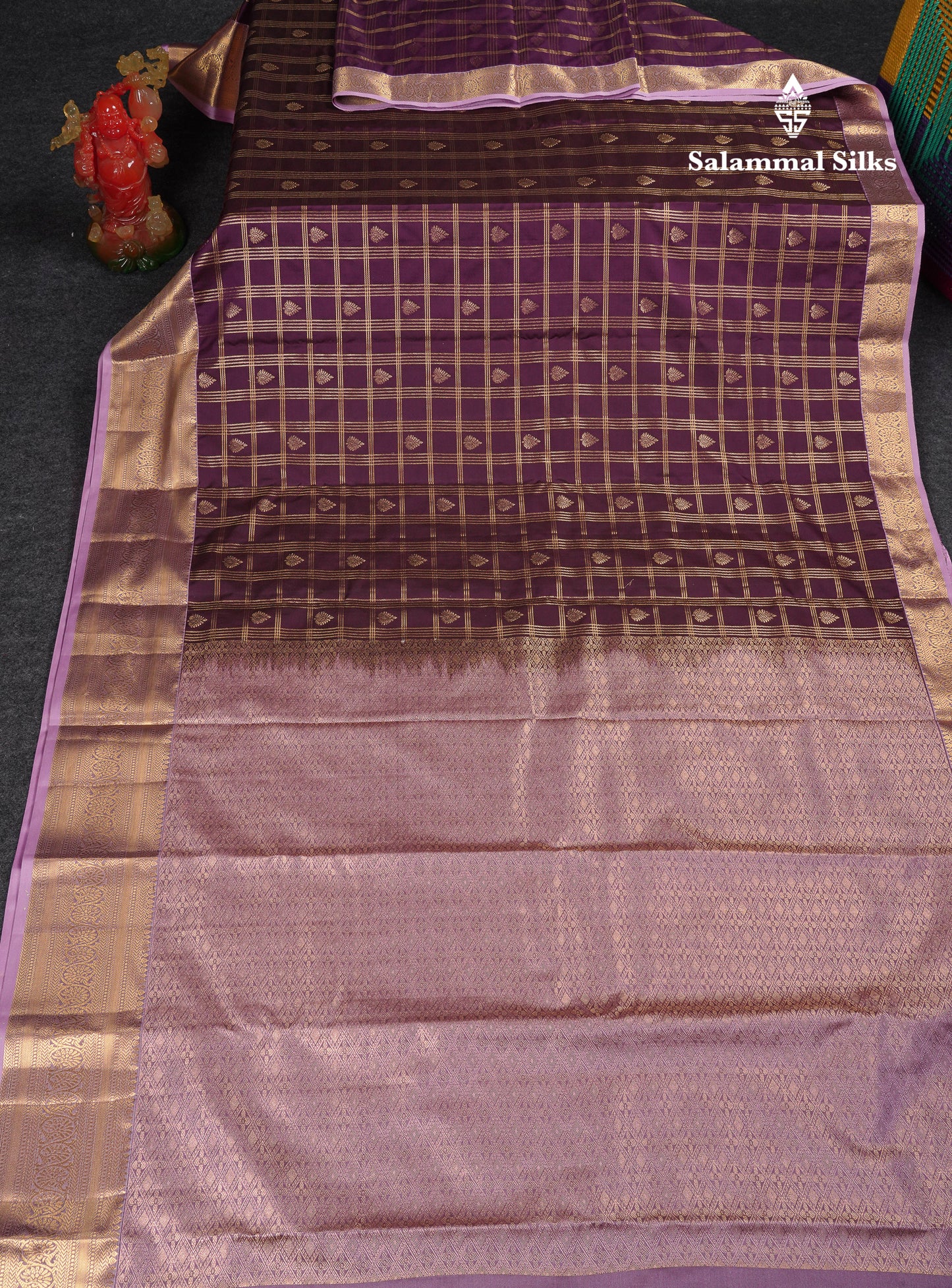 Beautiful Dark Purple Checks With Butta Semi Silk Saree With Contrast Light Violet Traditional Evening Morning Border