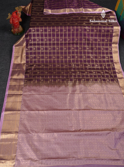 Beautiful Dark Purple Checks With Butta Semi Silk Saree With Contrast Light Violet Traditional Evening Morning Border