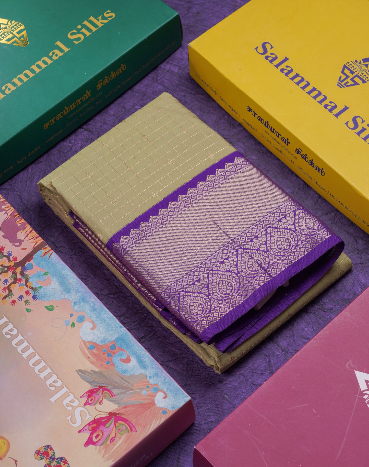 Beautiful Pista Green Zari Checks And Buttas Semi Silk Saree With Contrast Violet Traditional Border