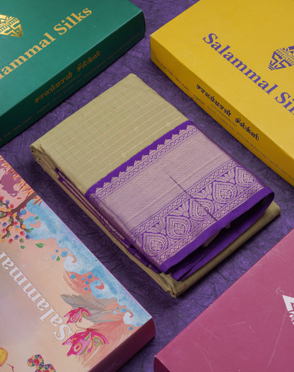 Beautiful Pista Green Zari Checks And Buttas Semi Silk Saree With Contrast Violet Traditional Border