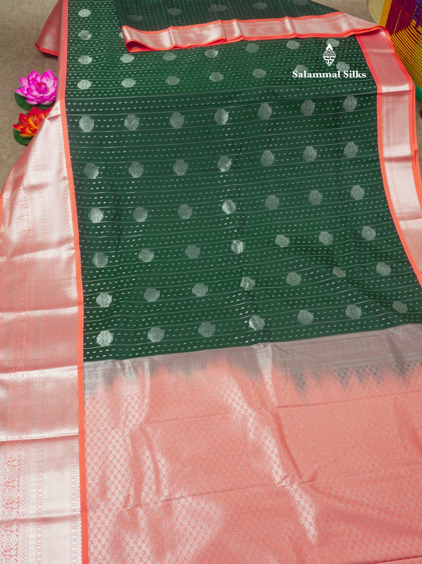 Bottle Green Silver Zari Buttas Semi Silk Saree With Contrast Peach Border