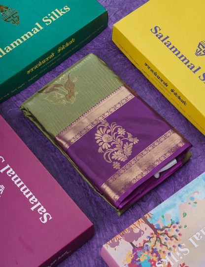 Elephant Grey Semi Silk Saree With Contrast Dark Purple Evening Morning Border