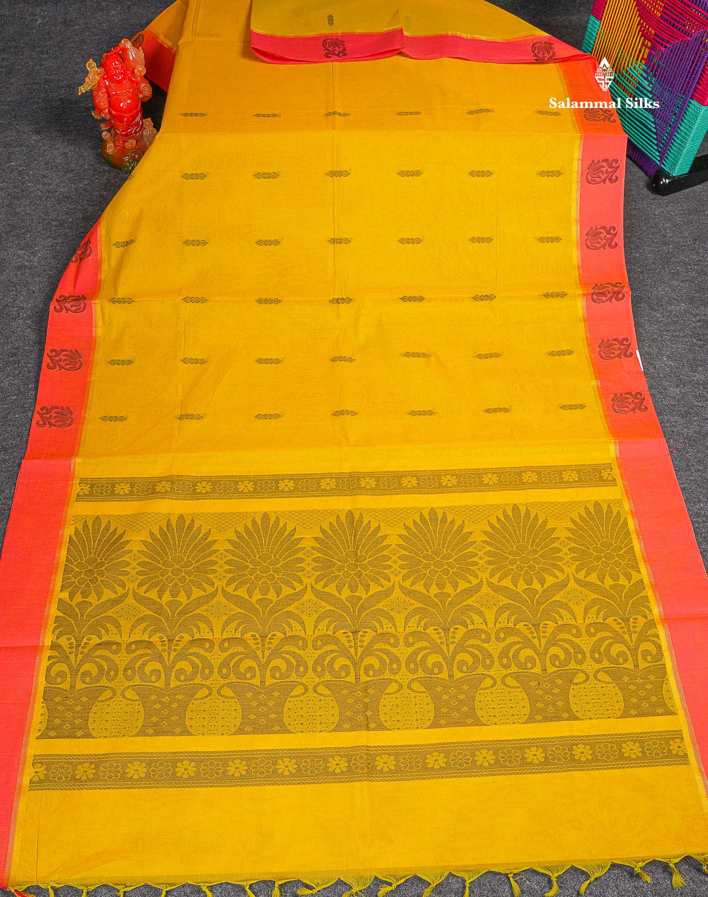 Pure Cotton Saree - Dual Tone Lemon Yellow Colour Body Thread Butta With Contrast Pink Border