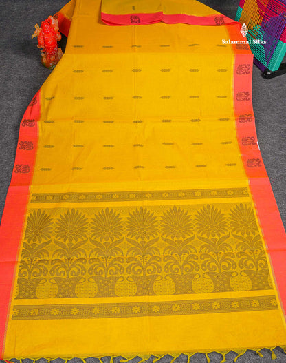 Pure Cotton Saree - Dual Tone Lemon Yellow Colour Body Thread Butta With Contrast Pink Border