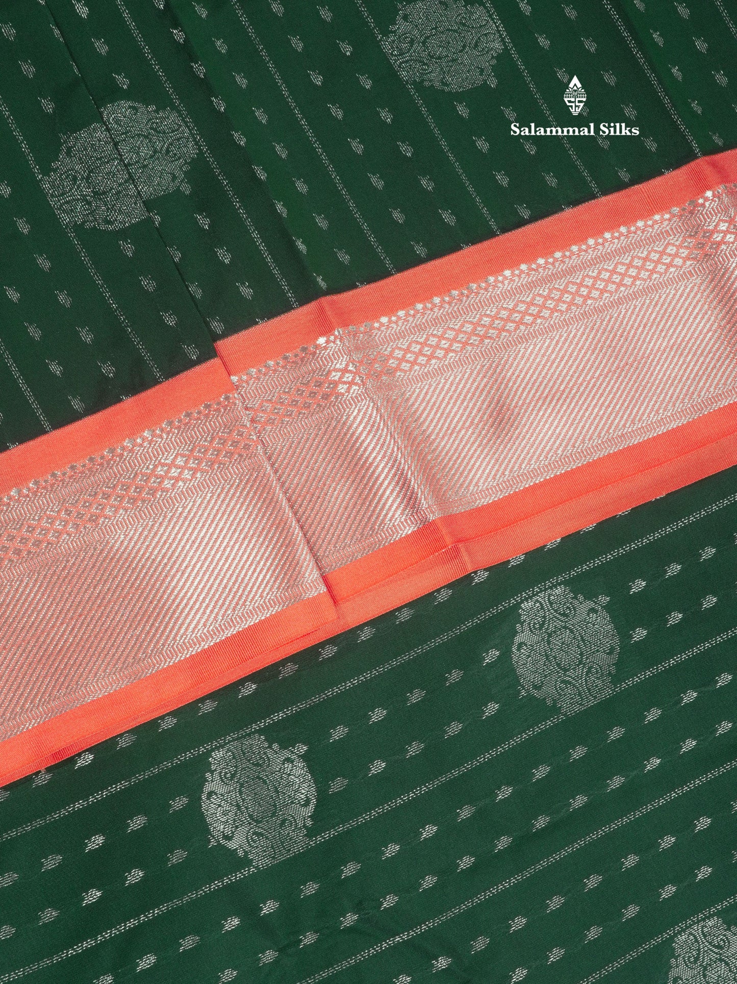 Bottle Green Silver Zari Buttas Semi Silk Saree With Contrast Peach Border