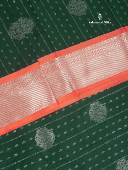 Bottle Green Silver Zari Buttas Semi Silk Saree With Contrast Peach Border
