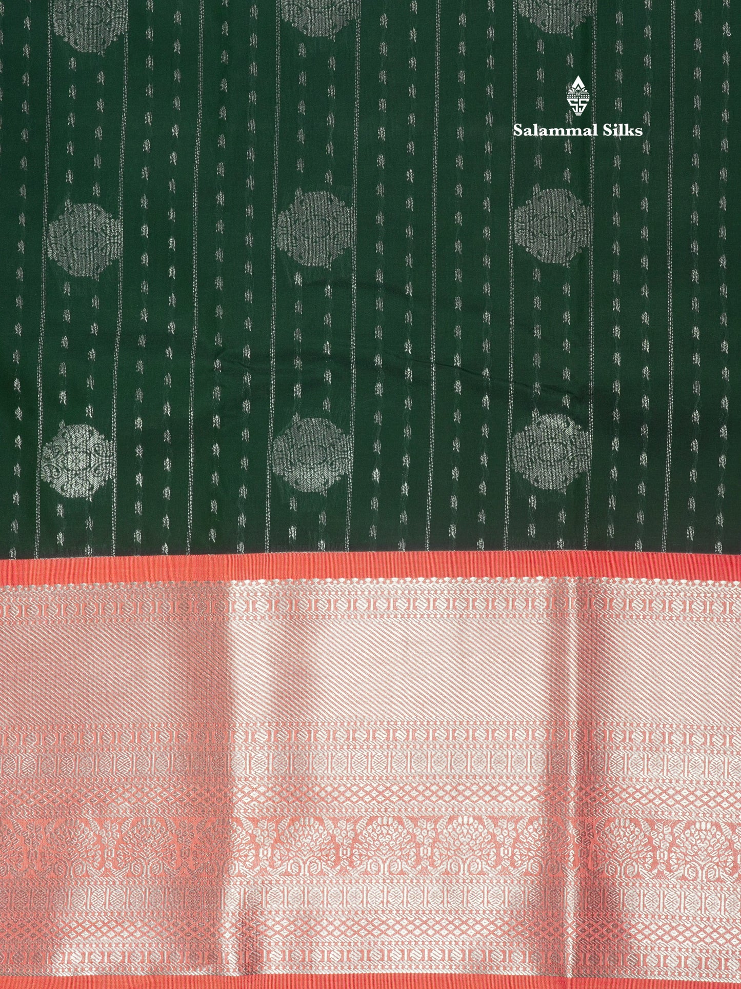 Bottle Green Silver Zari Buttas Semi Silk Saree With Contrast Peach Border