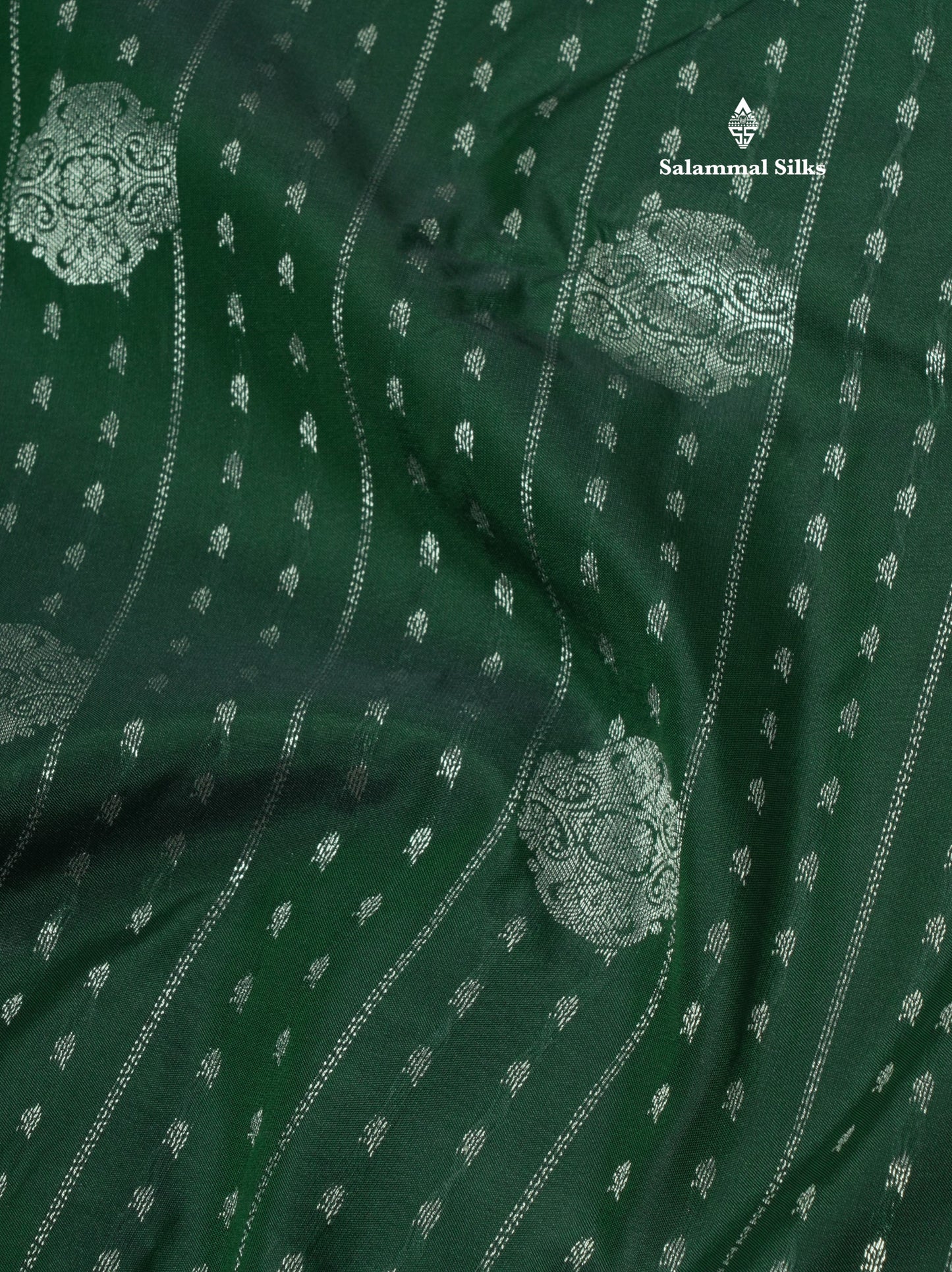 Bottle Green Silver Zari Buttas Semi Silk Saree With Contrast Peach Border