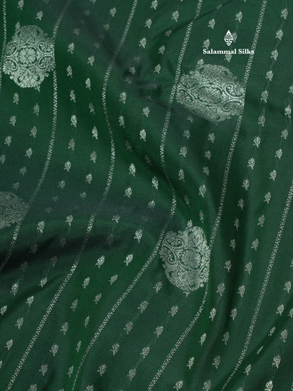 Bottle Green Silver Zari Buttas Semi Silk Saree With Contrast Peach Border