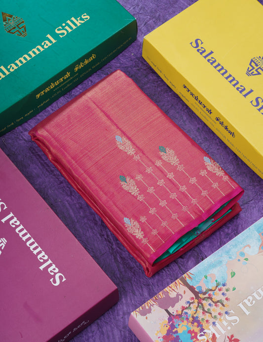 Beautiful Pink Fancy Vairaoosi Pure Kanjivaram Silk Saree with Contrast Rexona Green Blouse