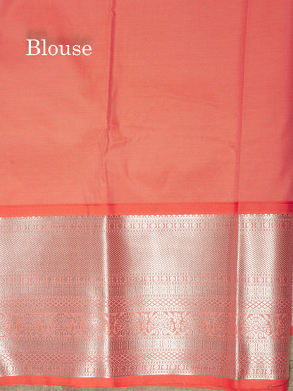 Bottle Green Silver Zari Buttas Semi Silk Saree With Contrast Peach Border