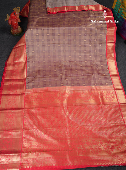 Beautiful Light Violet Checks With Butta Semi Silk Saree With Contrast Chilly Red Traditional Evening Morning Border