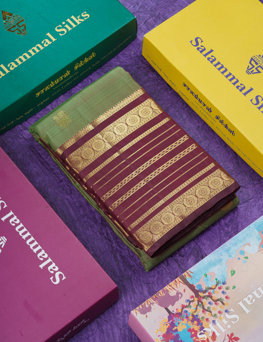 Dual Tone Olive Green Pure Kanjivaram Silk Saree With Contrast Dark Brown Traditional Border