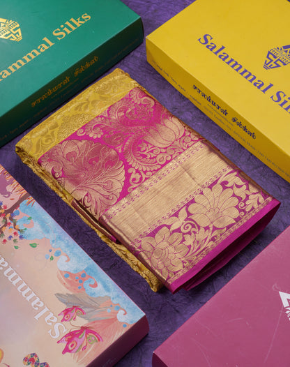 Beautiful Mustard Yellow Puremix Silk Saree With Contrast Pink Traditional Evening Morning Border