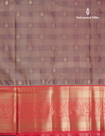 Beautiful Light Violet Checks With Butta Semi Silk Saree With Contrast Chilly Red Traditional Evening Morning Border
