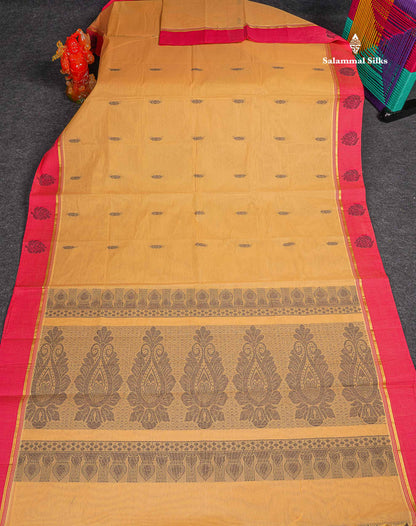 Pure Cotton Saree - Sandal Colour Body Thread Butta With Contrast Pink Border