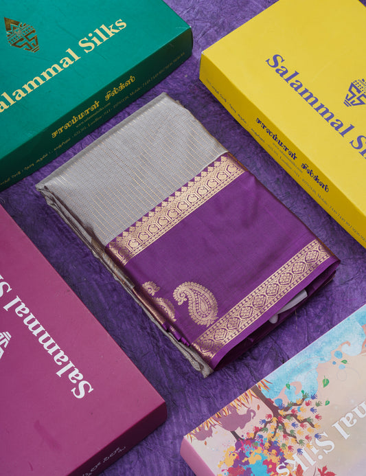 Elephant Grey Semi Silk Saree With Contrast Dark Purple Evening Morning Border